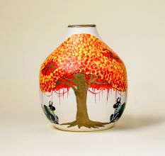 Handcrafted Ceramic Phad Orange Tree Cow Decorative Vase